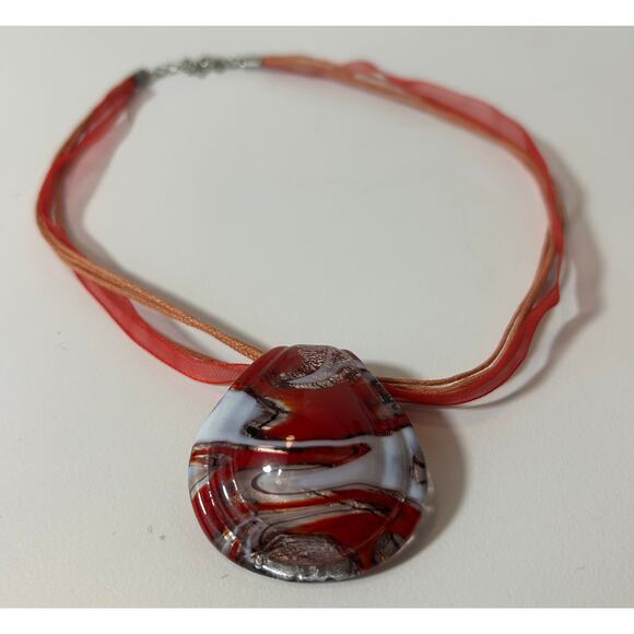 Red and White Swirl Murano-Style Art Glass Pendant Necklace - Picture 1 of 4